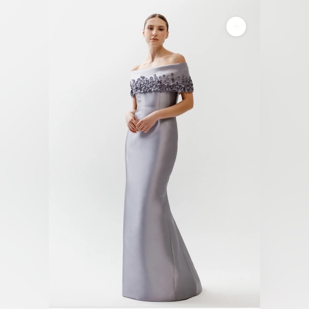 Catherine RegherOff-Shoulder Embellished  Evening Gown color Platinum.